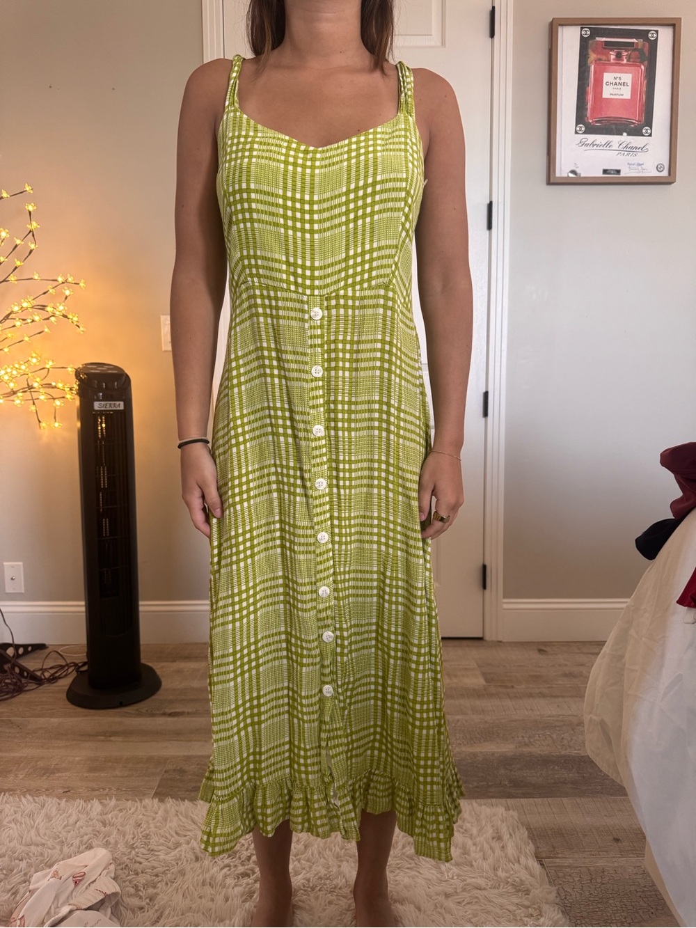Green Plaid Button-Front Sundress - Sleeveless Midi
